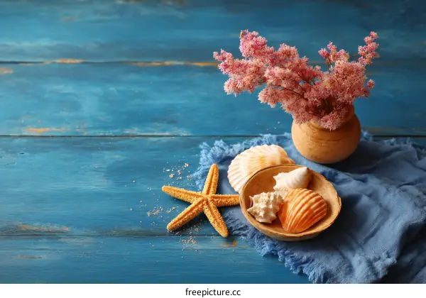 Seashells and Flowers on a Blue Wooden Background