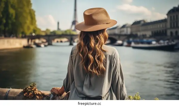 Young woman standing on a bridge in Paris, looking at the Eiffel Tower