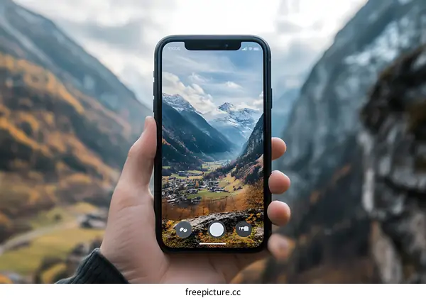 Hand Holding Smartphone with Mountain View in Landscape Mode