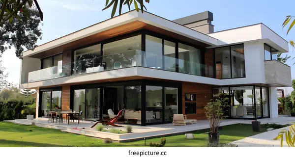 Modern White House With Large Windows And A Balcony
