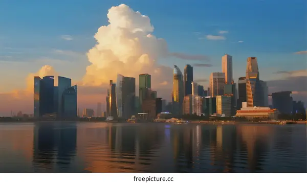 City skyline with tall buildings under a large cloud