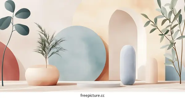 Minimalist Abstract Background With Geometric Shapes and Plants