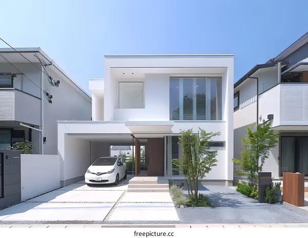 Modern White House With Car and Greenery