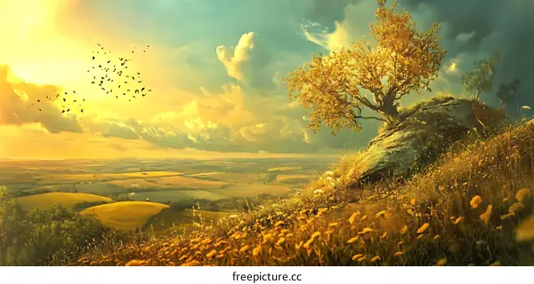 Golden Sunset Landscape With Birds Flying