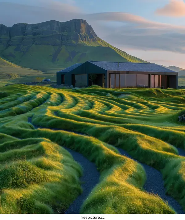 Modern grassy hill house with mountain landscape view