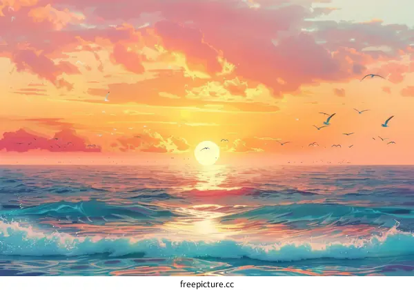 beautiful sunset over the ocean with birds flying