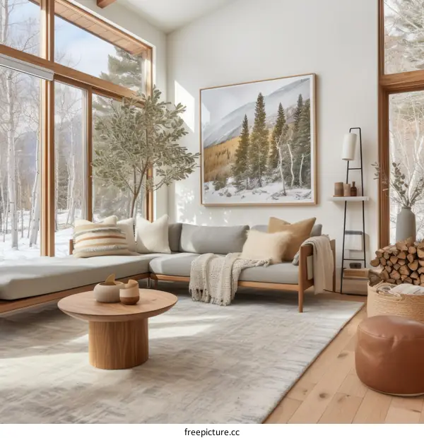A modern living room with a large picture window looking out onto a snowy forest