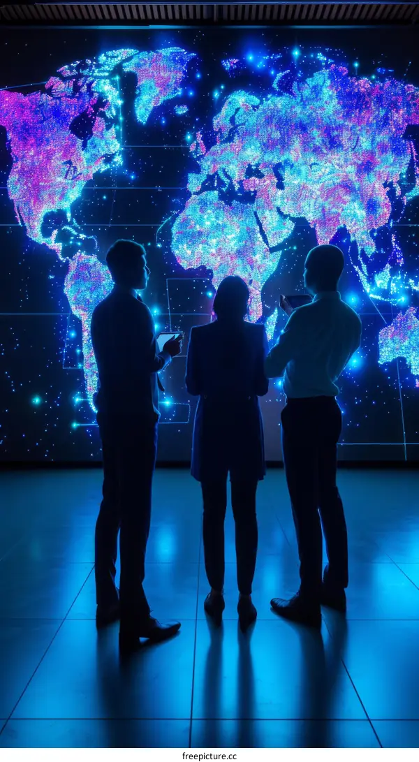 Business people discussing global strategy in front of digital world map