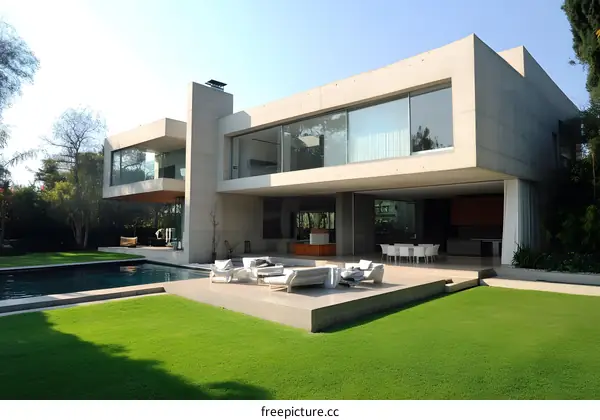 Modern Concrete House with Swimming Pool and Patio