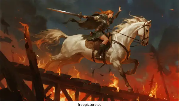 Warrior woman riding white horse over burning bridge at night