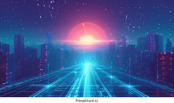 futuristic city illustration with glowing grid and sunset