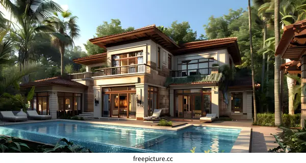 Luxury villa with pool and palm trees