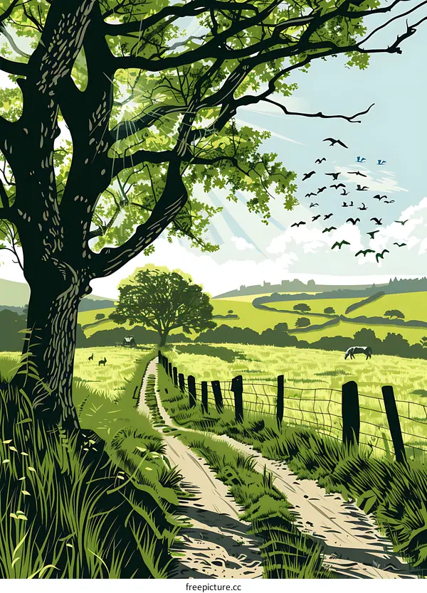 Sunny Day with Green Grass and Winding Road