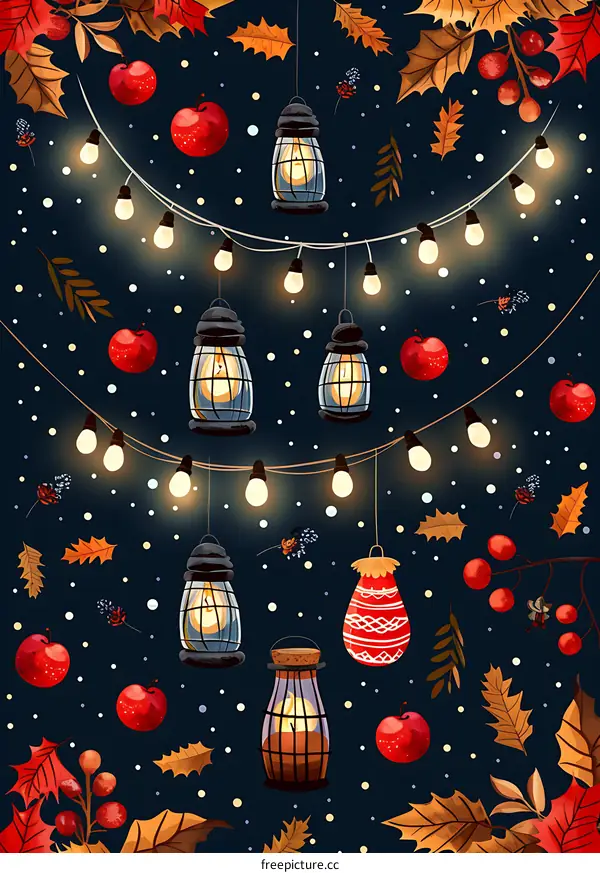 Autumn Lights and Falling Leaves Watercolor Illustration