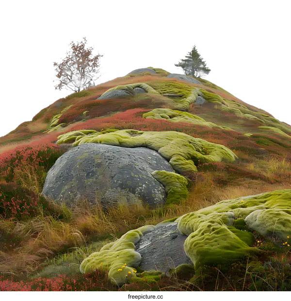 [Transparent Background PNG]Green Moss Growing On Rocks On Mountainside