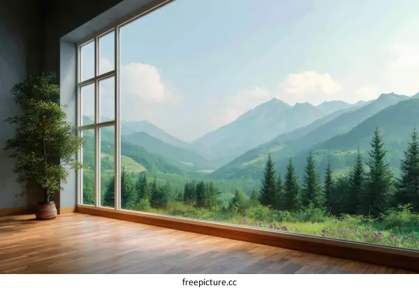 Panoramic Mountain View Through Large Windows