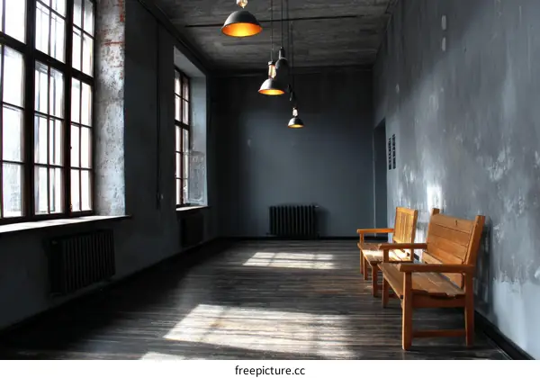 Industrial Style Hallway with Wooden Benches