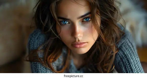 portrait of a beautiful young woman with blue eyes and brown hair