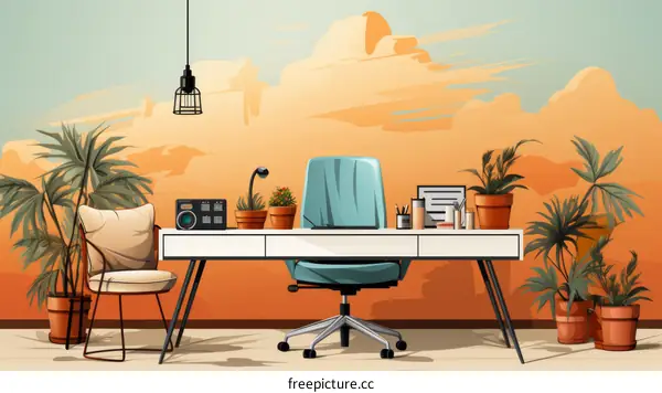 Modern Home Office Workspace with Large Desk and Comfortable Chair