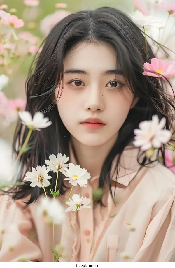 Asian Woman Posing with White Flowers in Field