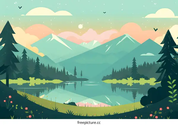 Mountain Lake Landscape Illustration