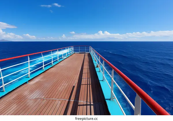 An empty cruise ship deck with blue sky and ocean
