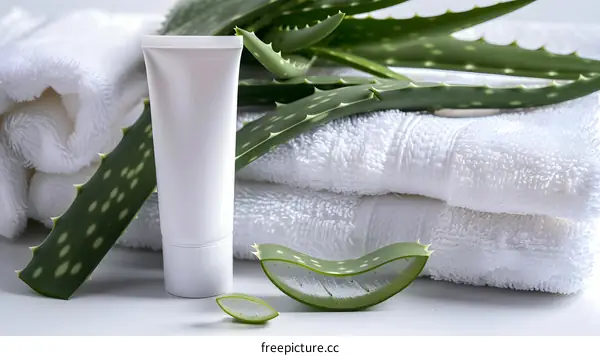 Aloe Vera Cream with Towels and Green Leaves