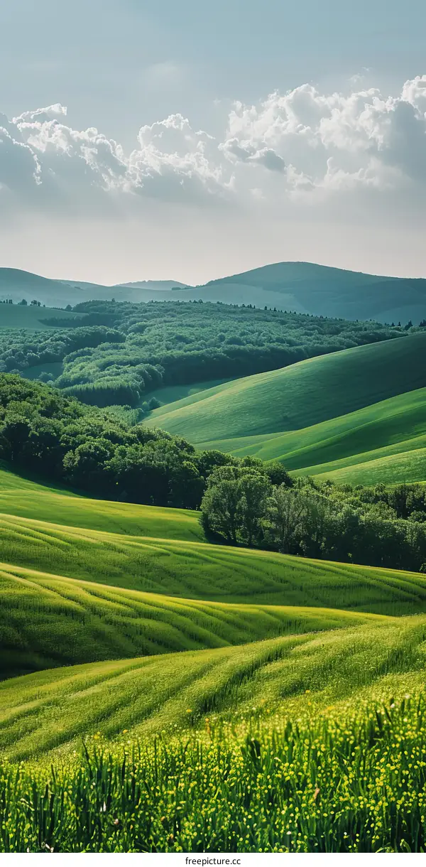 Picturesque green hills and valleys in the countryside