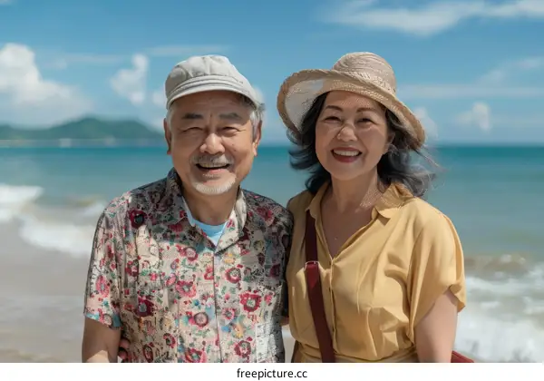 Happy Asian elderly couple on a beach vacation