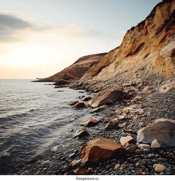 Rocky Beach with Clear Blue Water and a Cliffside at Sunset