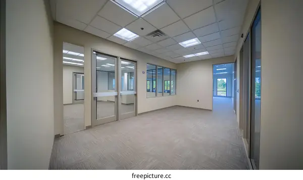 Modern Office Corridor Interior Design with Glass Doors and Windows