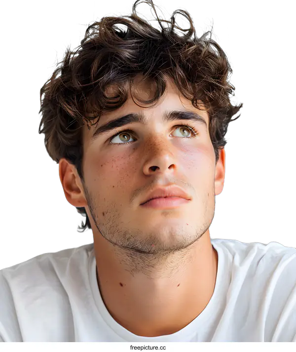 [Transparent Background PNG]Portrait of a young male model with curly hair looking up