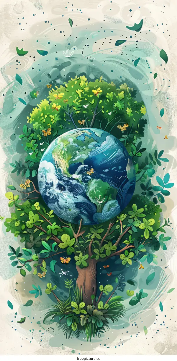 Illustration of the Earth with Lush Vegetation and Vibrant Butterflies