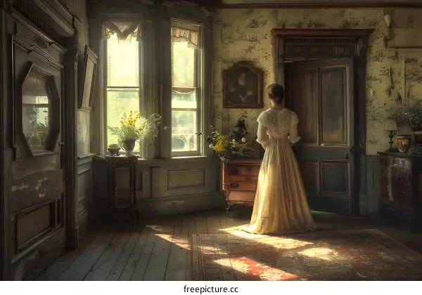 Lady in historical dress standing by the window