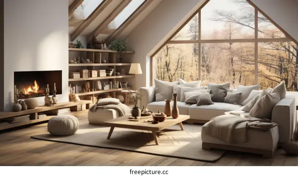 Cozy Living Room with Fireplace and Large Windows