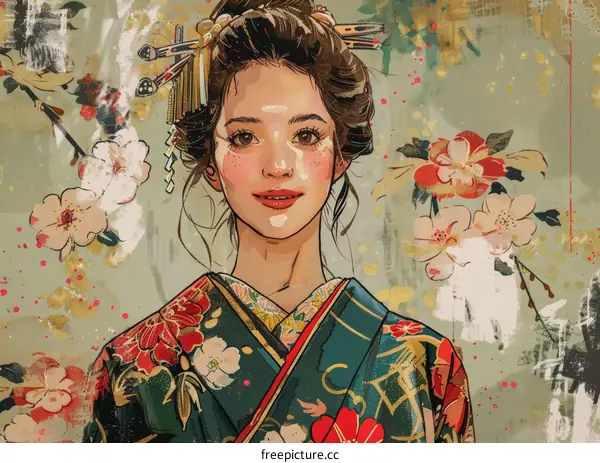 Portrait of a Japanese woman in traditional kimono with floral background