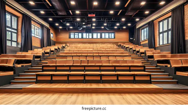 Empty Auditorium with Brown Seats and Wooden Floor