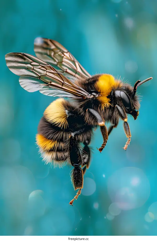 Bumblebee Flying on Turquoise Background