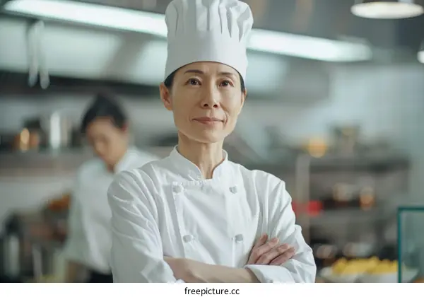 Portrait of a confident female Asian chef standing in a commercial kitchen