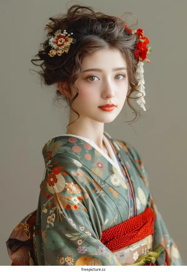 Portrait of a beautiful Japanese woman in traditional kimono