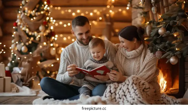 Family of three reading a book by the fireplace at Christmas