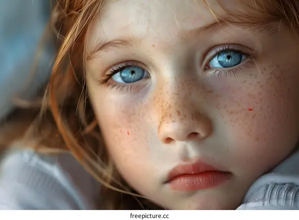 portrait of a young girl with freckles and blue eyes