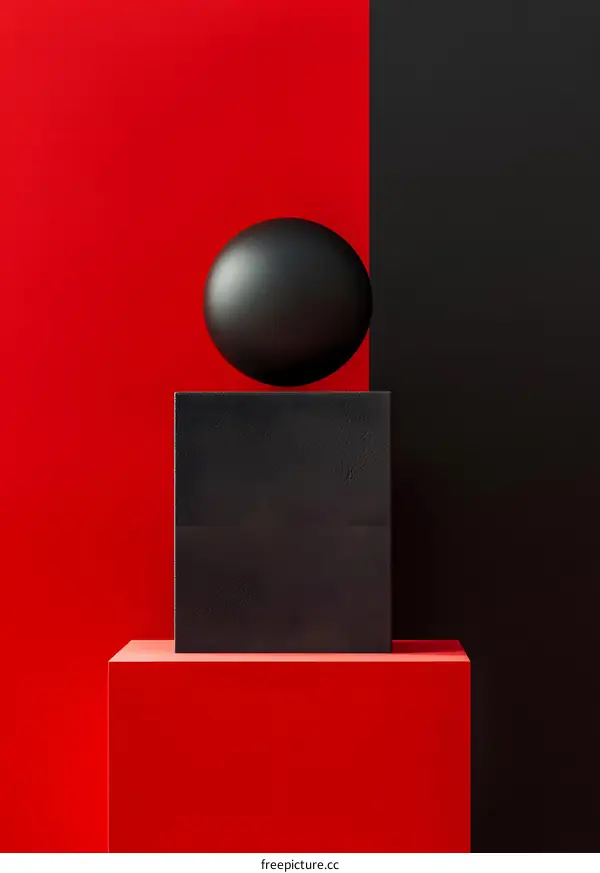 Abstract Minimalist 3D Render with Black Sphere and Red and Black Cubes
