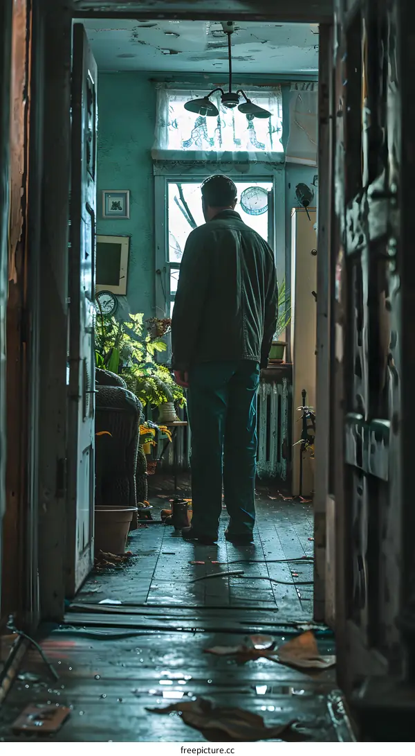 A man standing in a room with a broken window