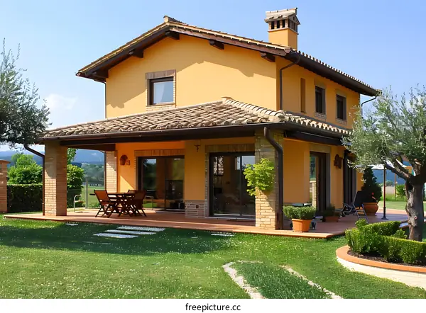 Modern Yellow House with Green Grass and Stone Patio