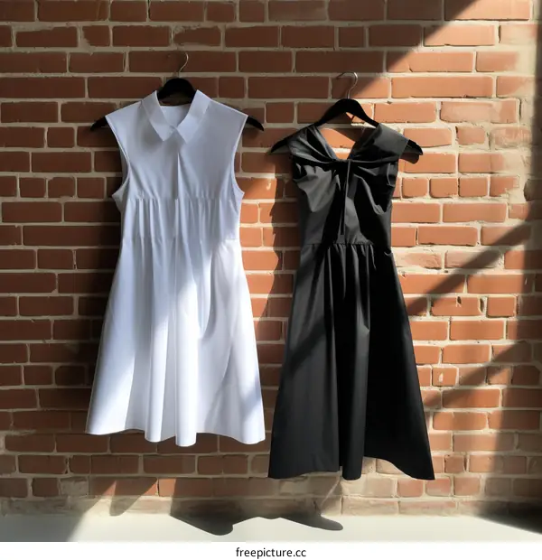 Two sleeveless dresses hanging on a brick wall