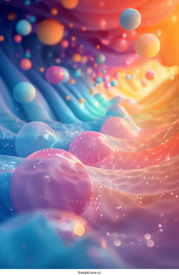 Colorful 3D rendering of a fluid simulation with floating spheres