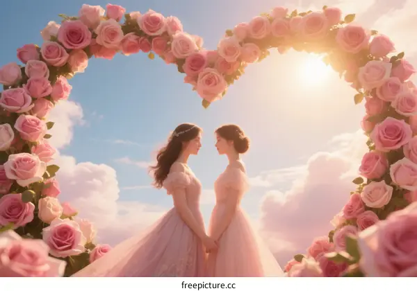 Two Women in Pink Dresses Holding Hands Under Heart Shaped Flower Arch