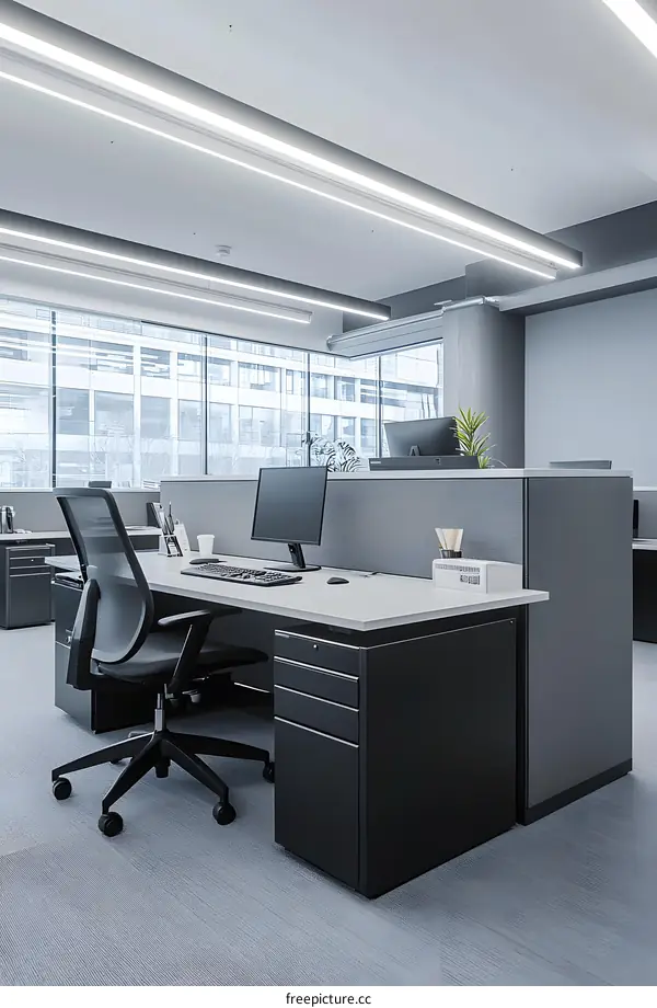 Modern Office Desk With Grey Carpet and Window View