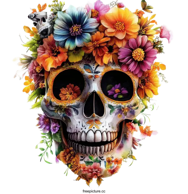 [Transparent Background PNG]Floral Skull Illustration with Vibrant Colors